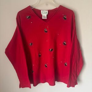 Vintage Quacker Factory Scottie Dog Embellished Long Sleeve Top Size 2XL Red